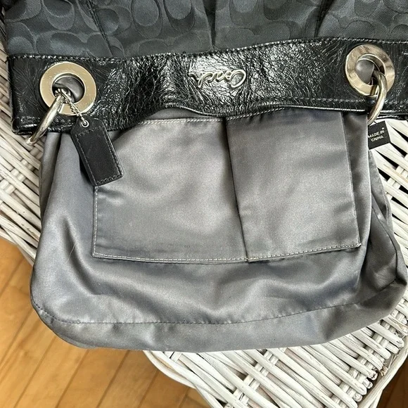 COACH Black Signature C Sateen Shoulder Bag with Creased Leather Trim - Picture 15 of 16